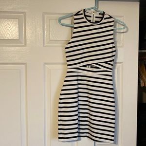 Express Dress Bodycon Cutout Stripes High Neck Sleeveless Stretch Black White 0